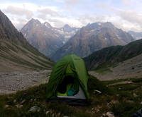 Very glad to find 24 square feet of relatively level space to pitch our tent after a long day. (Category:  Climbing)