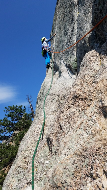 Camille leading the traverse on Pear Buttress (Category:  Climbing)