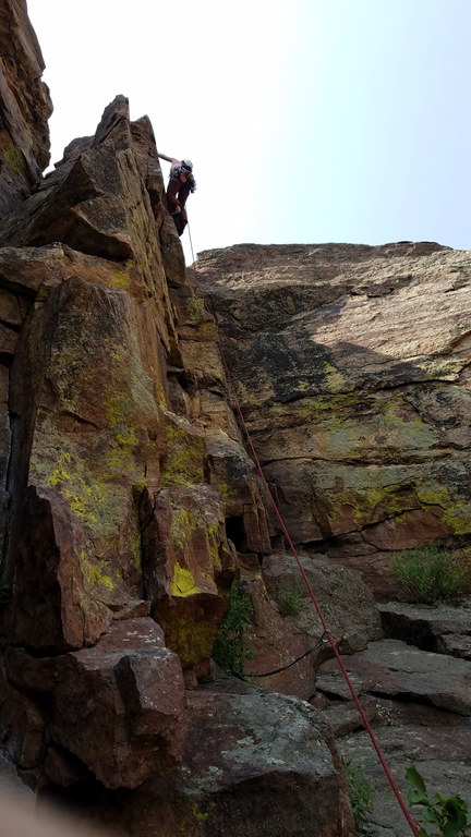 Cathy leading the exit of Bastille Crack (Category:  Climbing)