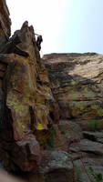 Cathy leading the exit of Bastille Crack (Category:  Climbing)