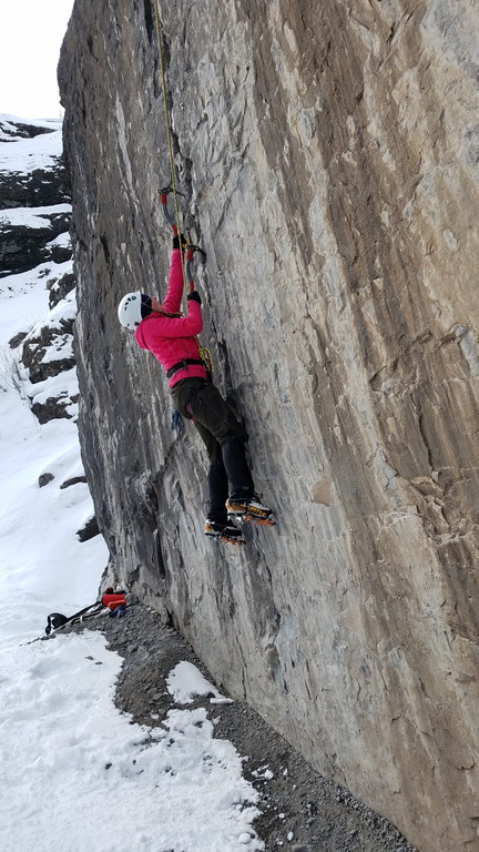 Dry tooling Lola's Leap. (Category:  Ice Climbing, Skiing)