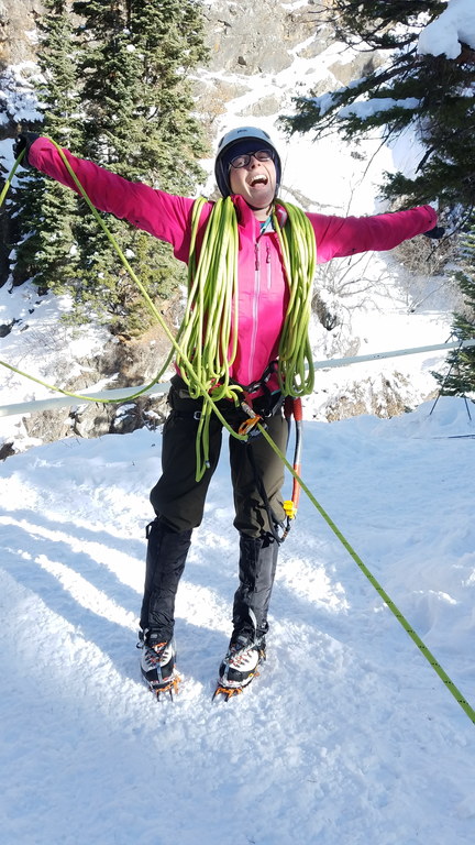 Jackie is excited to be done driving (Category:  Ice Climbing, Skiing)