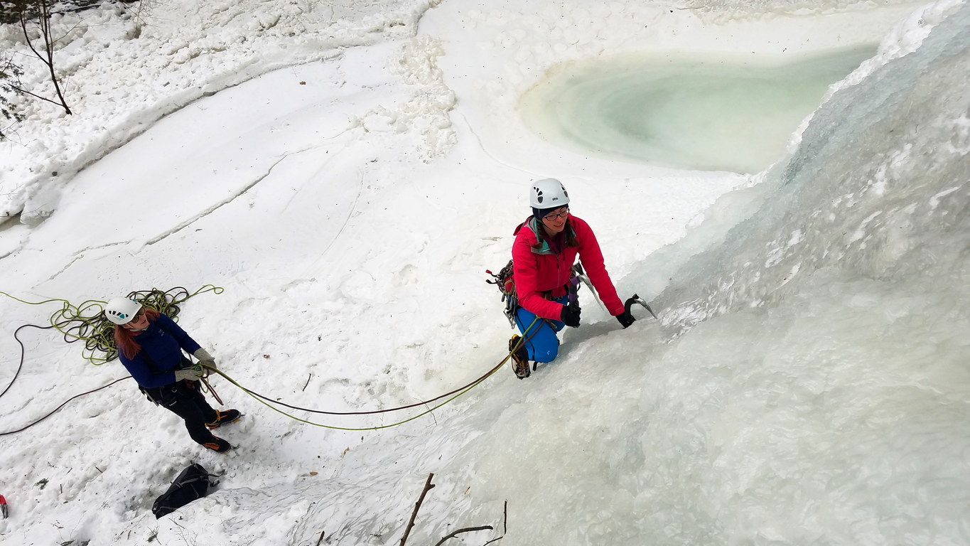 Jackie leading the middle step (Category:  Ice Climbing)