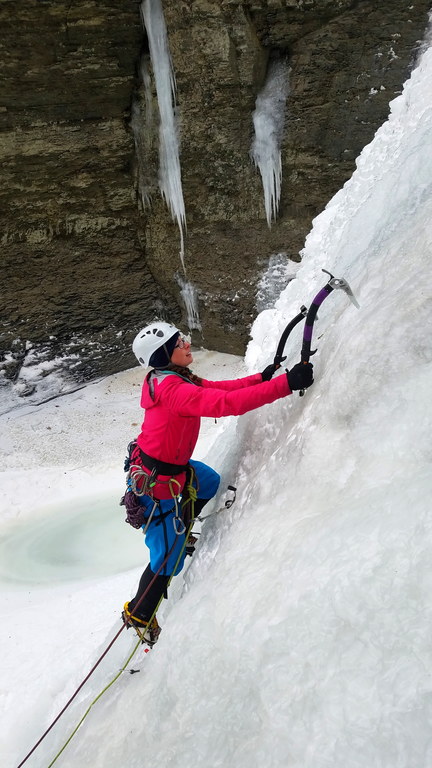 Jackie leading the middle step (Category:  Ice Climbing)