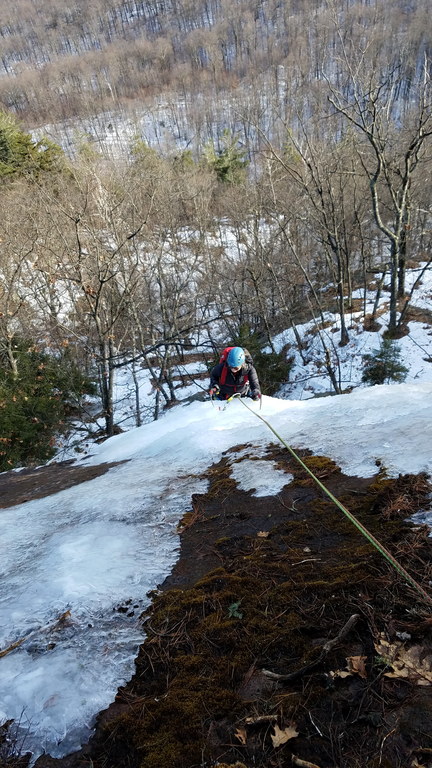 Waterfall Wall, toping out the last pitch (Category:  Ice Climbing)