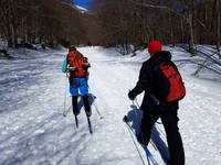 Jackie and her dad skiing up to Blue Room. (Category:  Ice Climbing)