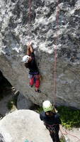 Emily on the boulder problem start to Tres Amigos (Category:  Climbing)