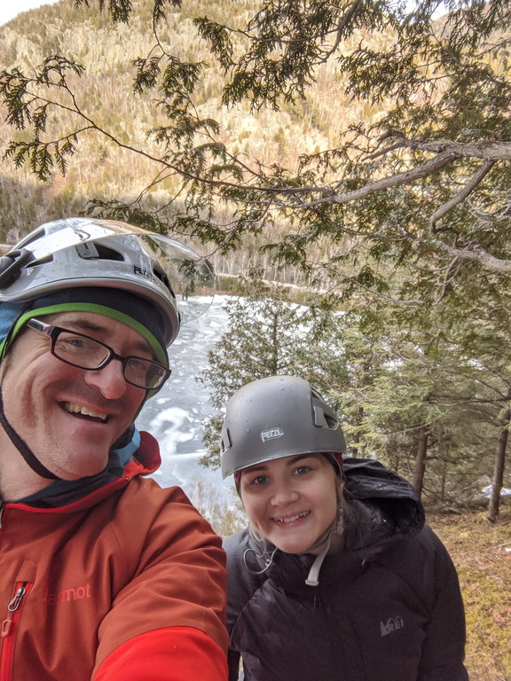 Usie at the first belay (Category:  Ice Climbing, Skiing)