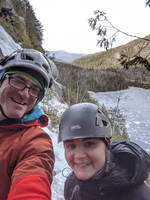 Usie at the first belay (Category:  Ice Climbing, Skiing)