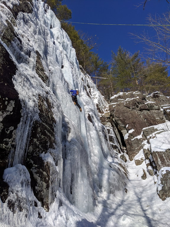 Libby climbing Mineville Pillar (Category:  Ice Climbing)