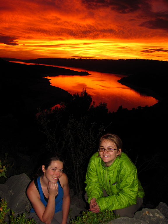 Jess and Emily with the sunset over Lac de Sainte-Croix in the background. (Category:  Photography)