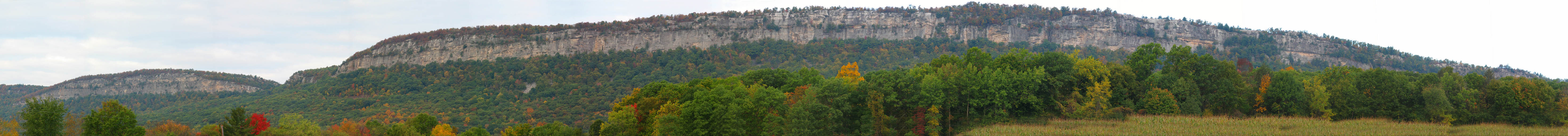Panorama of the Near Trapps and Trapps taken at a moderate zoom.  The high resolution version of this photo has enough detail to identify individual climbs. (Category:  Rock Climbing and Ice Climbing)
