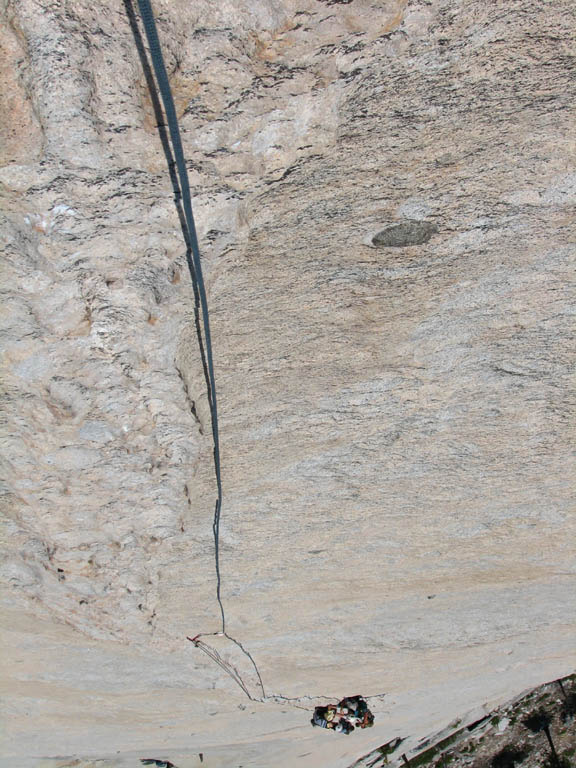 Looking down at Jess and Ryan after leading a pitch on Snake Dike. (Category:  Rock Climbing)