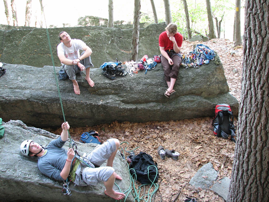 Guy belaying Kristin on Ent's Line.  Nick and Mike were nearby and came to climb with us. (Category:  Rock Climbing)