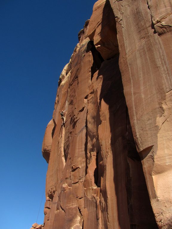 Guy leading Crack Attack. (Category:  Rock Climbing)