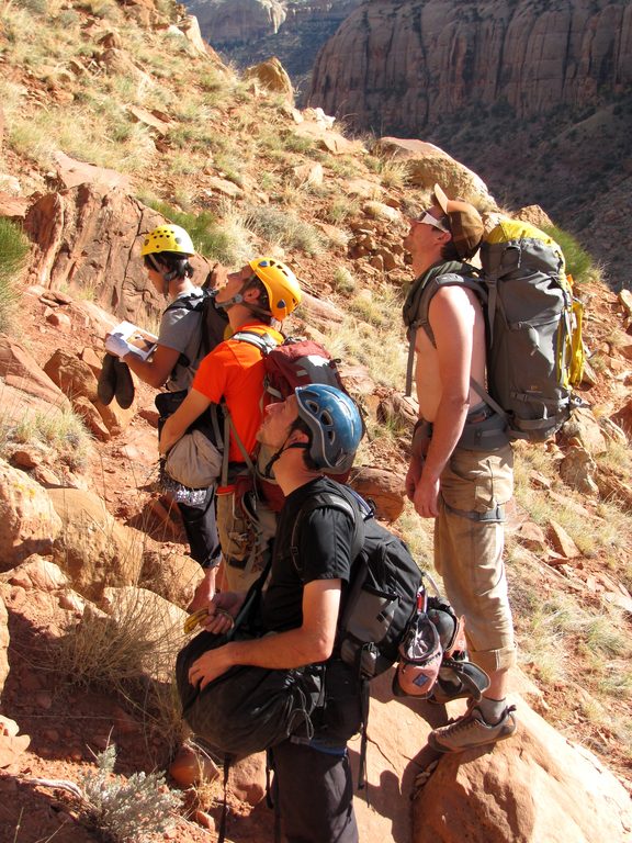Everyone checking out the cliff. (Category:  Rock Climbing)
