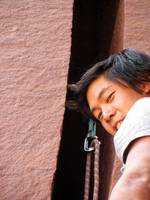 Aramy leading Scard Face. (Category:  Rock Climbing)