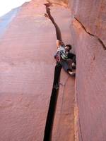 Aramy leading Scard Face. (Category:  Rock Climbing)