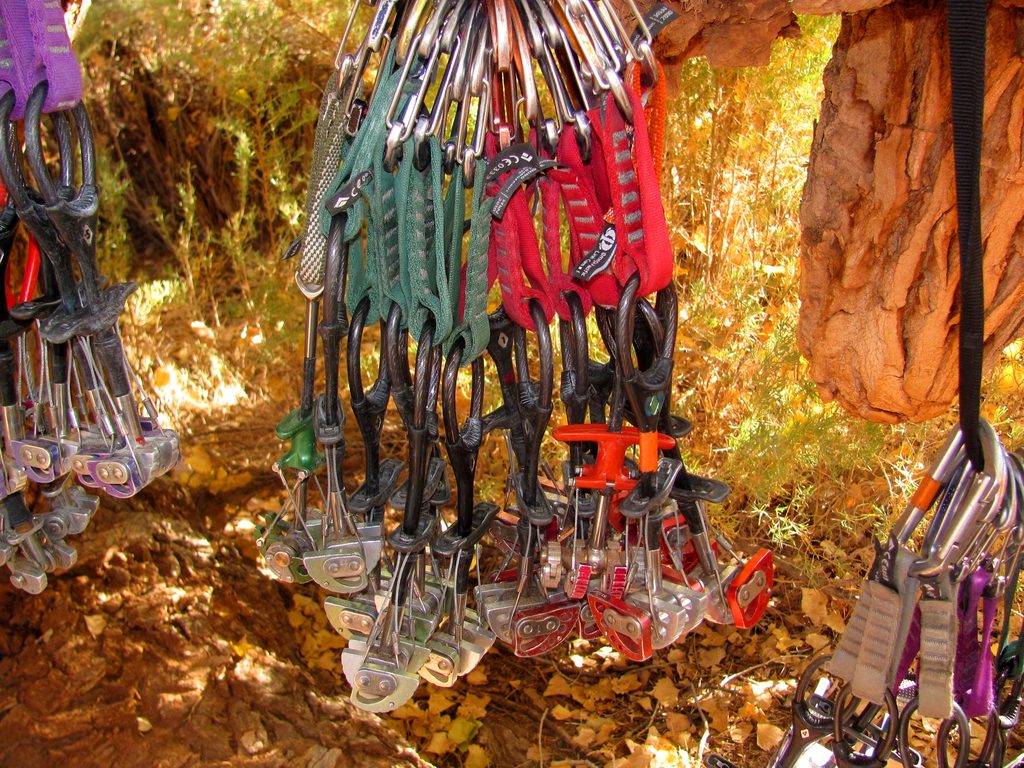 One green link cam; six #.75s; seven #1s; one red link cam (Category:  Rock Climbing)