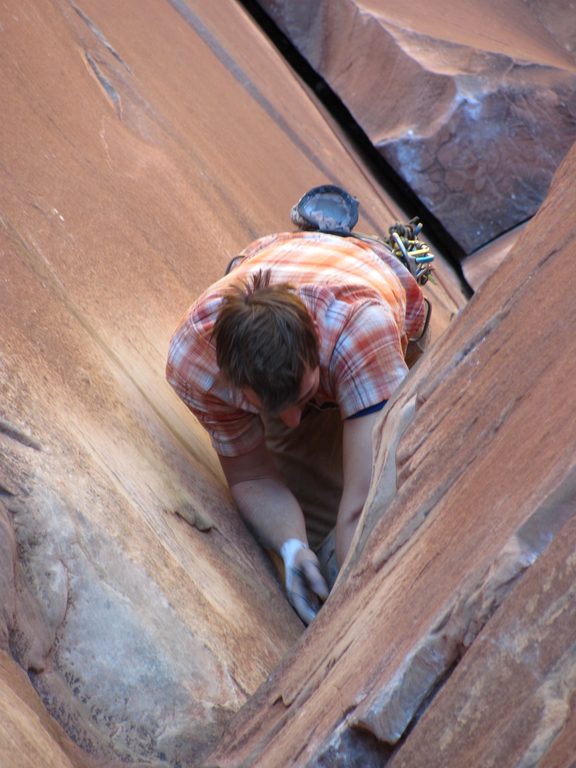 Guy leading Incredible Hand Crack. (Category:  Rock Climbing)