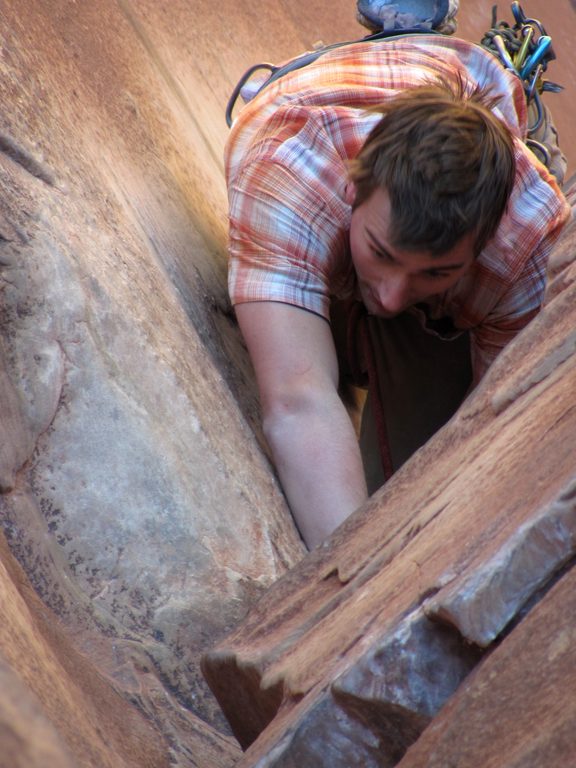Guy leading Incredible Hand Crack. (Category:  Rock Climbing)