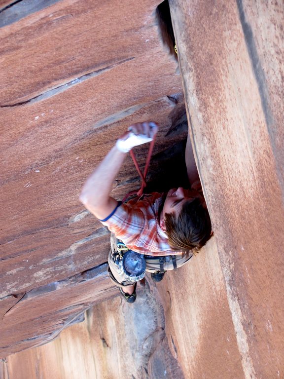 Guy leading Incredible Hand Crack. (Category:  Rock Climbing)