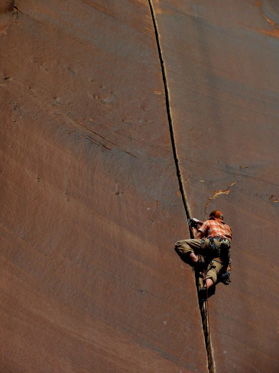 Guy leading Supercrack. (Category:  Rock Climbing)