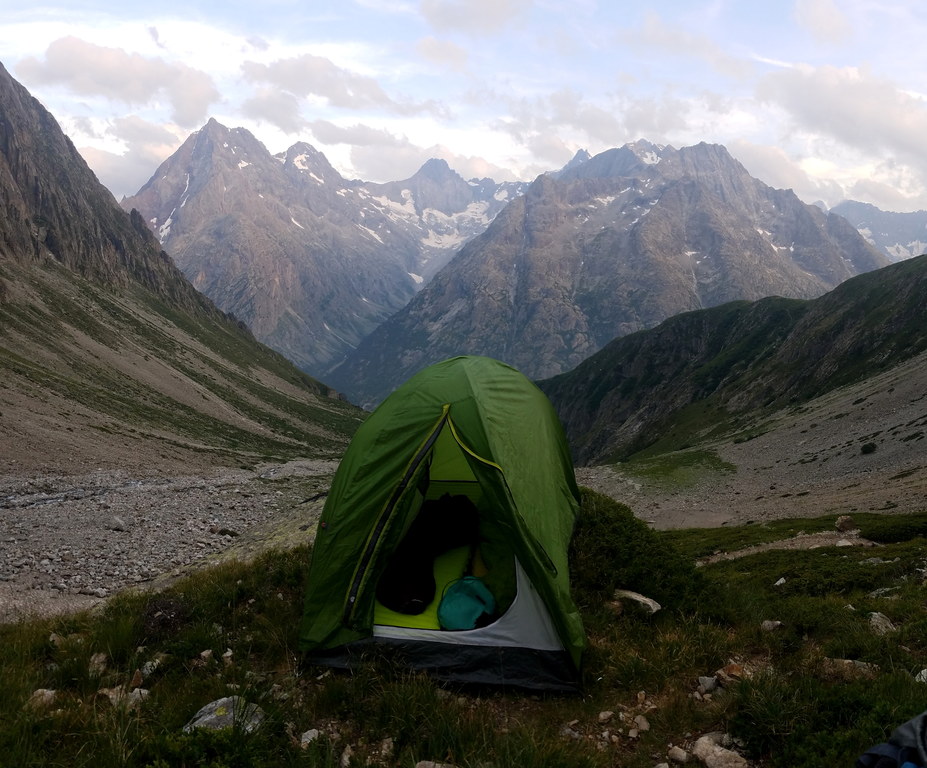 Very glad to find 24 square feet of relatively level space to pitch our tent after a long day. (Category:  Climbing)